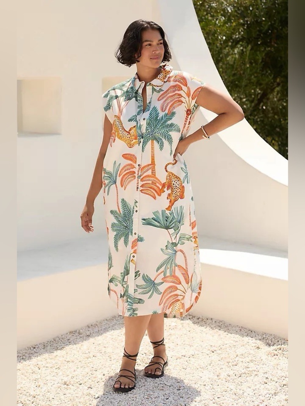 Maeve by Anthropologie Lillian Tropical Leopard Midi Shirt Dress
